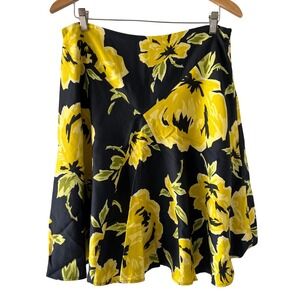 Cache Womens 12 Y2K Black Yellow‎ Floral Silk Blend Midi A-Line Skirt